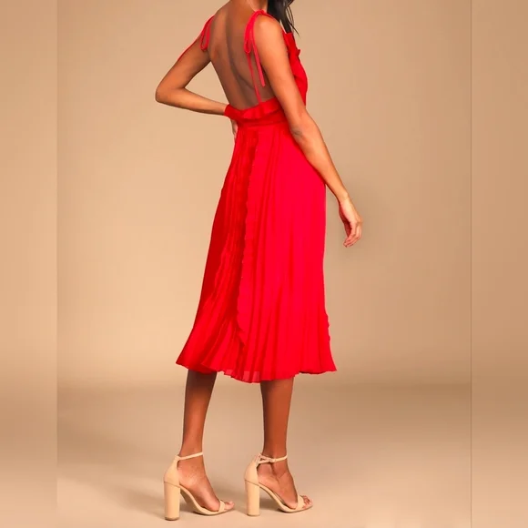Lulus Never a Dull Moment Bright Red Tie-Strap Pleated Midi Dress, Size XL - Picture 6 of 11